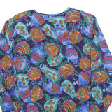 RESTLESS Womens Blue Green Printed Blouse Long Sleeve V-Neck S Artistic Silk Top