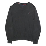 TOMMY HILFIGER Mens Black Plain V-Neck Basic Knit M Cotton Jumper Classic Fit