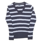 TOMMY HILFIGER Womens Blue & White Patterned V-Neck Chunky Knit M Jumper Cotton