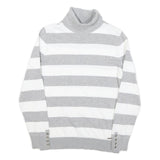 TOMMY HILFIGER Womens Grey & White Striped Plain Roll Neck Jumper M Cotton Blend