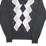 TOMMY HILFIGER Womens Grey Argyle Pattern Jumper Shawl Collar Cable Knit L