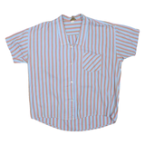 Womens Blue & Brown Striped Basic Shirt Short Sleeve Button Neck S Casual Summer