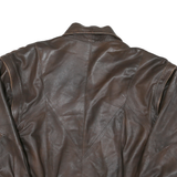 Womens Brown Leather Button Jacket L Woven Relaxed Fit Stylish Casual Outerwear