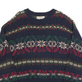 LL BEAN Mens Navy Blue Patterned Cotton Jumper Crew Neck Chunky Knit L
