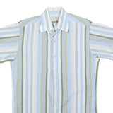 DOUBLE 2 Mens Blue & Green Striped Cotton Blend Short Sleeve Shirt M Casual