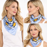 Anyyou Fashion Premium Satin Square Scarf – Fresh Daisy Blue Silk-Feel Neckwrap for Women