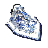 Anyyou Fashion Premium Satin Square Scarf – Blue White Vase Silk-Feel Neckwrap for Women