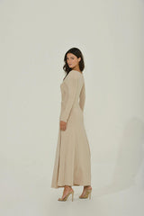 Beige Long Sleeve Maxi Dress w/ High Slit