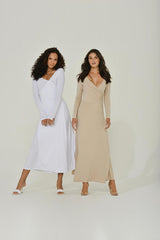 Beige Long Sleeve Maxi Dress w/ High Slit