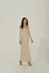 Beige Long Sleeve Maxi Dress w/ High Slit