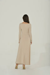 Beige Long Sleeve Maxi Dress w/ High Slit