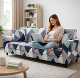 Anyseat 4-Seater Sofa Cover – Blue White Geometric Style Slipcover for Living Room Chair Protection