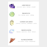 Kati Kaia amethyst mala necklace featuring amethyst, prehnite, lemon quartz, moonstone and sandalwood with healing properties