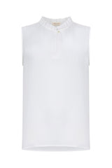 White French Chiffon Sleeveless Keyhole Blouse