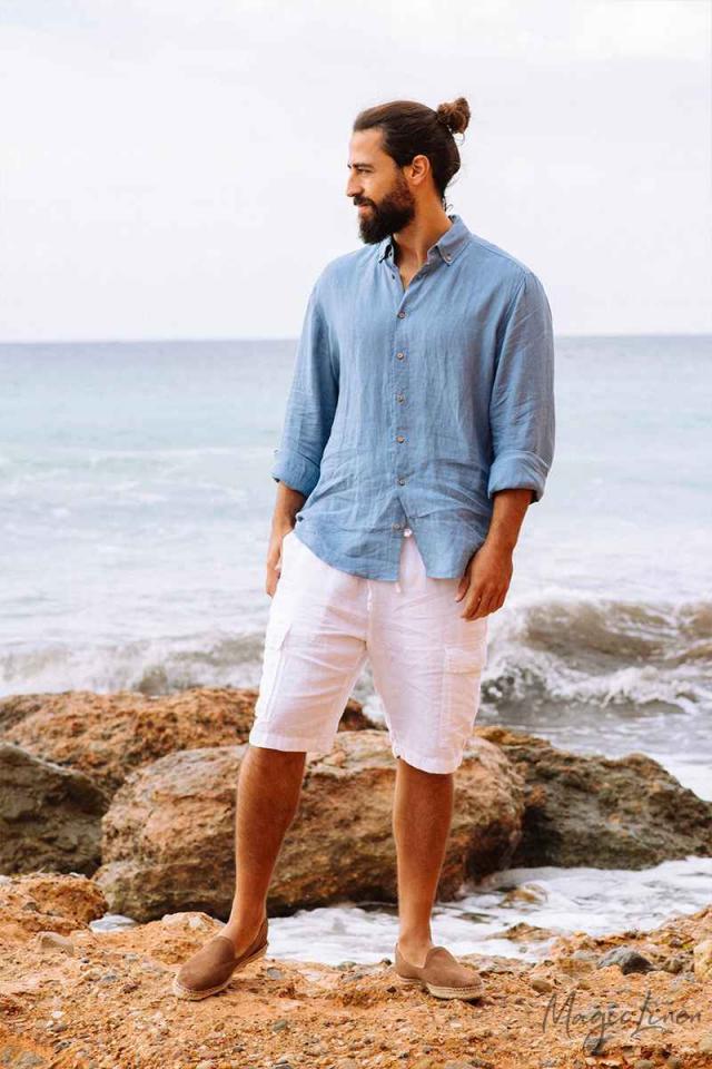 Men Ocean Blue Linen Shirt Nevada – Cerqular