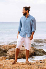 Men Ocean Blue Linen Shirt Nevada