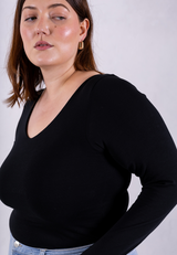 Organic Cotton V-Neck Long Sleeve T-Shirt, Black