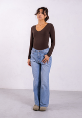 Organic Cotton V-Neck Long Sleeve T-Shirt, Hot Fudge