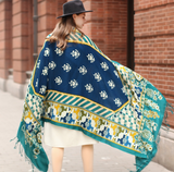 Anyyou 100% Merino Wool Blue Biege Silk Satin Large Winter Scarf Pashmina Shawl Bandana Perfect For Women Ladies Fashion Style