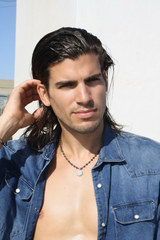Male model wearing MHART black pearl coin necklace - accurate design