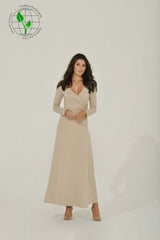 Beige Long Sleeve Maxi Dress w/ High Slit