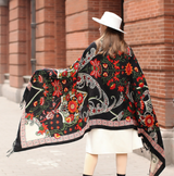 Anyyou 100% Merino Wool Black Silk Satin Floral Silk Satin Large Winter Scarf Pashmina Shawl Bandana Perfect For Women Ladies Fashion Style