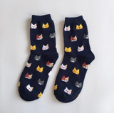 Anyfootwear 5 Pairs Navy Blue Cat Cotton Long Socks Size 5-9 High Quality Fashion Casual Office Sports Skateboard Knitted Crew Socks for Women