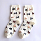 Anyfootwear 5 Pairs White Cat Cotton Long Socks Size 5-9 High Quality Fashion Casual Office Sports Skateboard Knitted Crew Socks for Women