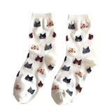 Anyfootwear 5 Pairs White Cat Cotton Long Socks Size 5-9 High Quality Fashion Casual Office Sports Skateboard Knitted Crew Socks for Women