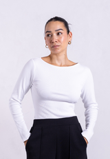 Ribbed Boat Neck Long Sleeve T-Shirt, White