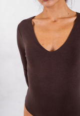 Organic Cotton Long Sleeve V-Neck Bodysuit, Hot Fudge