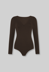 Organic Cotton Long Sleeve V-Neck Bodysuit, Hot Fudge