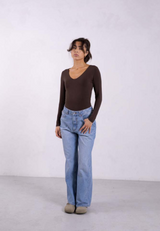 Organic Cotton Long Sleeve V-Neck Bodysuit, Hot Fudge