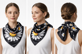 Anyyou Fashion Premium Satin Square Scarf – Daisy Black Silk-Feel Neckwrap for Women
