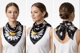 Anyyou Fashion Premium Satin Square Scarf – Daisy Black Silk-Feel Neckwrap for Women