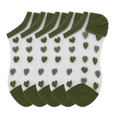 Anyfootwear 5 Pairs Army Green Heart Tulle Glass Silk Knee Socks Size 5-9 Transparent Thin Mesh Full Nylon Fashion Socks Comfortable Breathable for Women