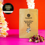 Saabuni Jasmine & Rose Body Butter Refill packaging with flowers on a red and pink background