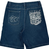 Skull Print Fubu Graphic Denim Shorts - 32W 10L Blue Denim
