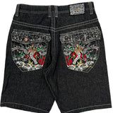 Embroidered Design Nevaran Graphic Denim Shorts - 34W 13L Black Cotton