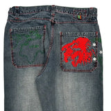 Lion Embroidery Unbranded Graphic Jeans - 36W 32L Green Cotton