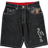 Embroidered Design Nevaran Graphic Denim Shorts - 34W 13L Black Cotton