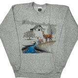 Deer And Farmhouse Graphic Tultex Graphic Sweatshirt - Large Grey Cotton Blend