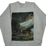Deer In Forest Print Hanes Graphic Sweatshirt - Large Grey Cotton Blend