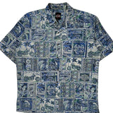 Harley Davidson Graphic Hawaiian Shirt - Large Blue Cotton