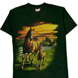 Horse Print Wild Gear Single Stitch T-Shirt - Medium Green Cotton