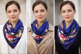 Anyyou Fashion Premium Satin Square Scarf –Floral Blue Print Silk-Feel Neckwrap for Women