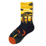 Anyfootwear 5 Pairs Size 5-9 Unisex Long Socks Cartoon Yellow Forest Painting Nature Print Warm Winter Socks Comfortable Casual Foot Accessories
