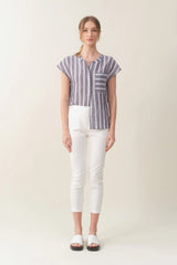 Cap-sleeve Relaxed Shirt - Chambray Stripe