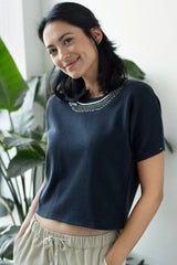 TMR Relaxed Embroidered Top - Midnight