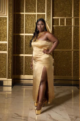 One Shoulder Golden Satin Dress